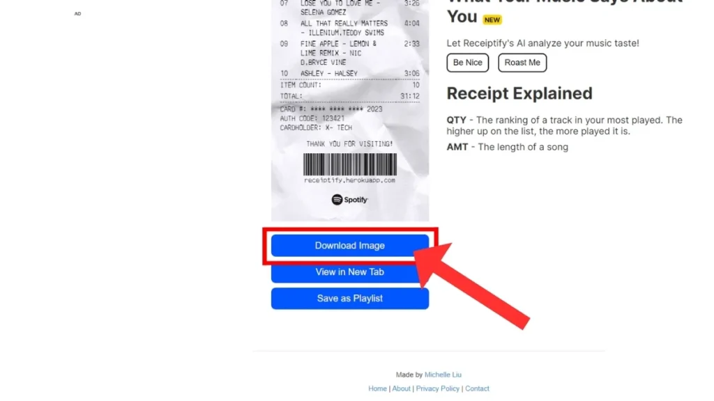 Download Receiptify receipt with a list of top songs, formatted like a store receipt