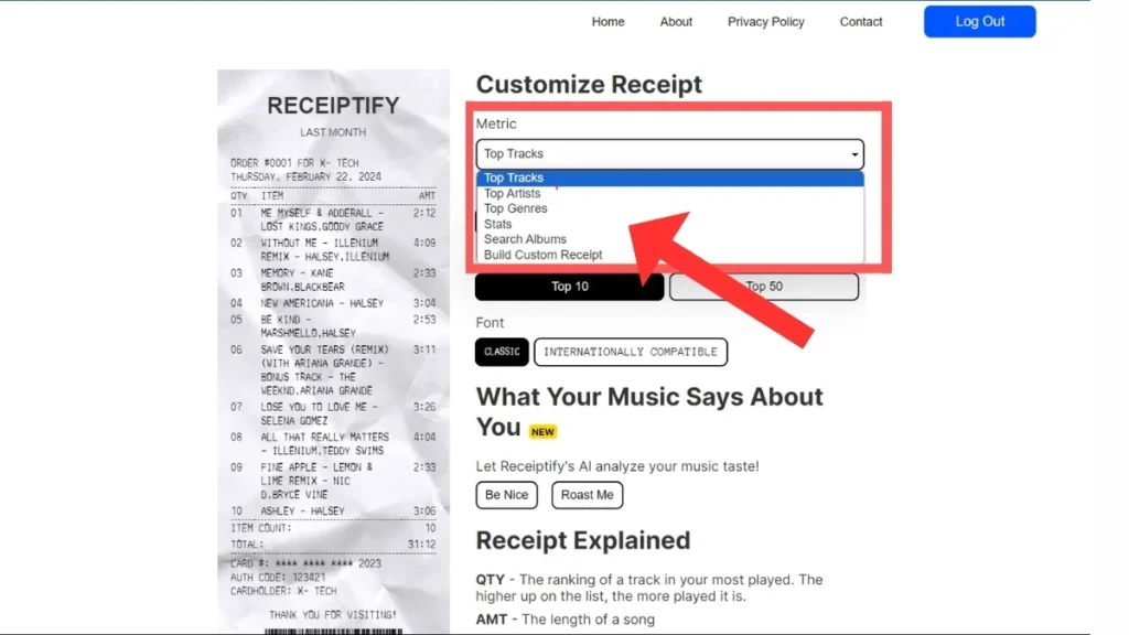 Receiptify screen with options to choose Top tracks, top artists, top genres etc