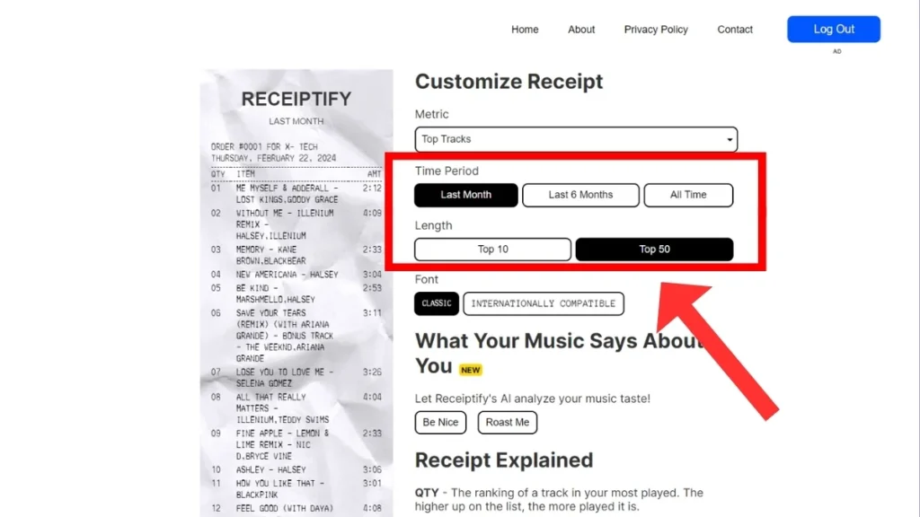 Receiptify screen with options to choose time period and lenght