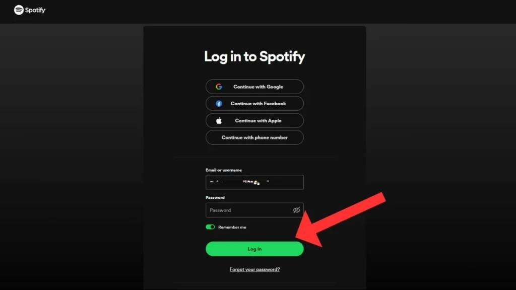 Spotify login screen showing fields for username_email and password